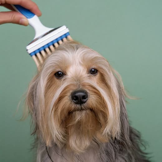 A small terrier being brushed during a grooming session